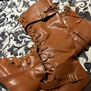 Wish Tan Buckle Lace-Up Ankle Boots